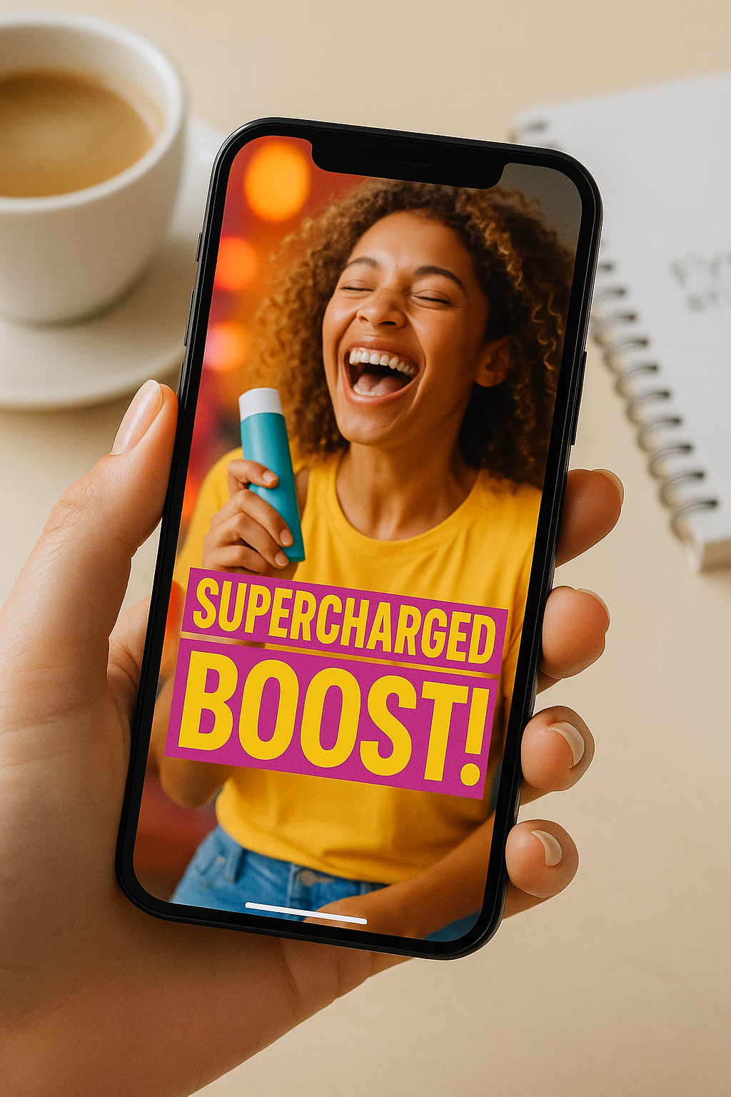 Phone displaying vibrant social ad creative
